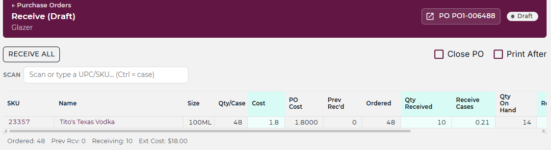mPower receiving screen for a draft purchase order, with quantity received, cases and resulting on-hand count