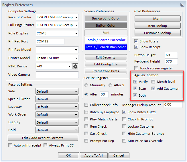 Point of Sale Software RegisterPrefs